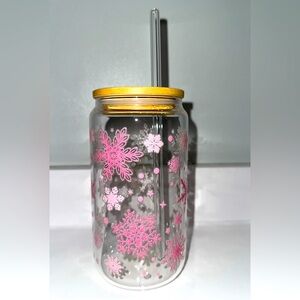 Pink Snowflake Glass Tumbler with Straw